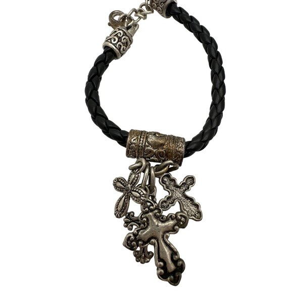 Romantic Goth Ornate Cross Bracelet Braided Leather Cord Edgy Religious Charm - Picture 7 of 8
